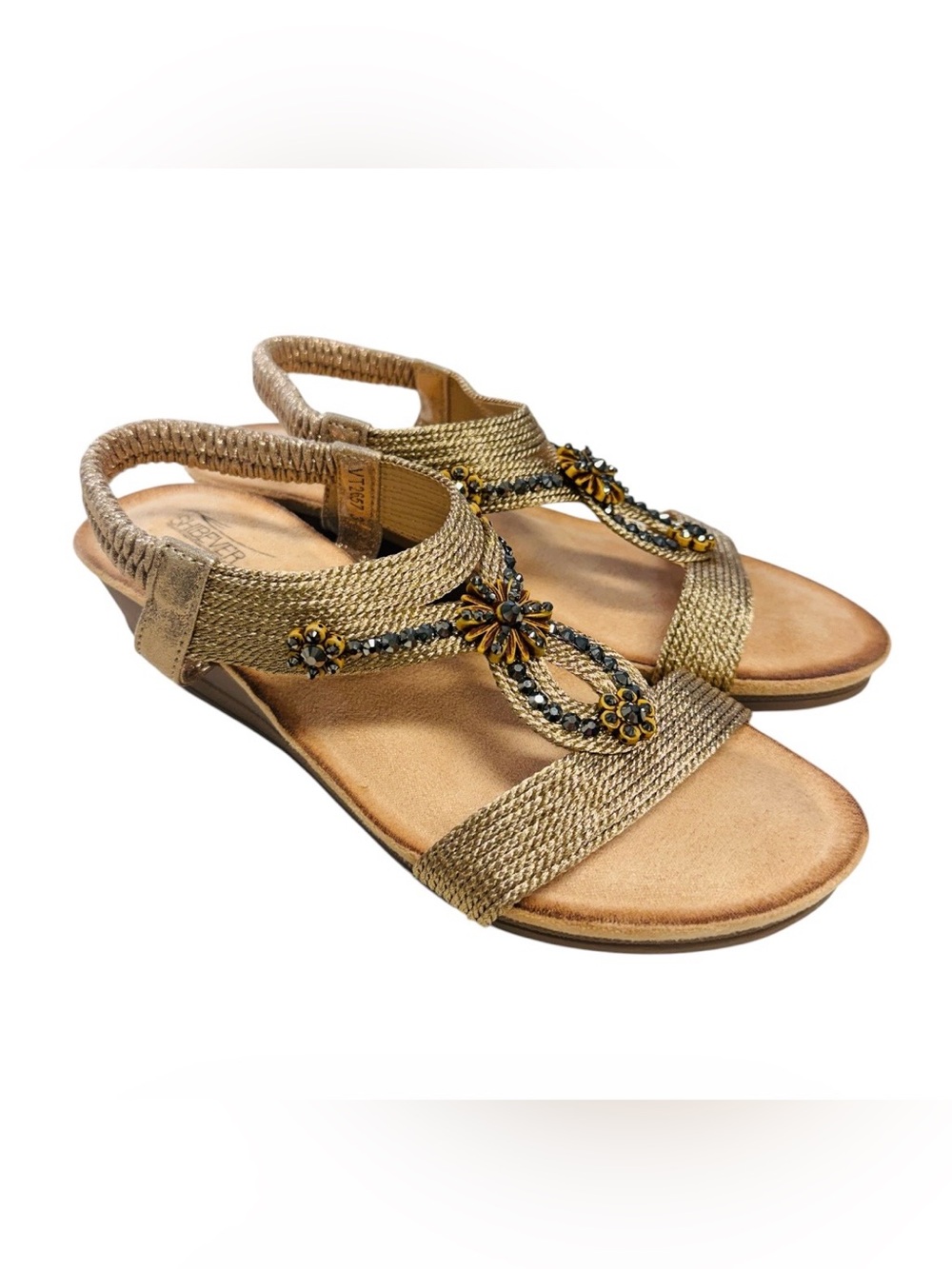 SHIBEVER Embellished Pink Gold Women’s Wedge Slingback Sandals Size 8.5